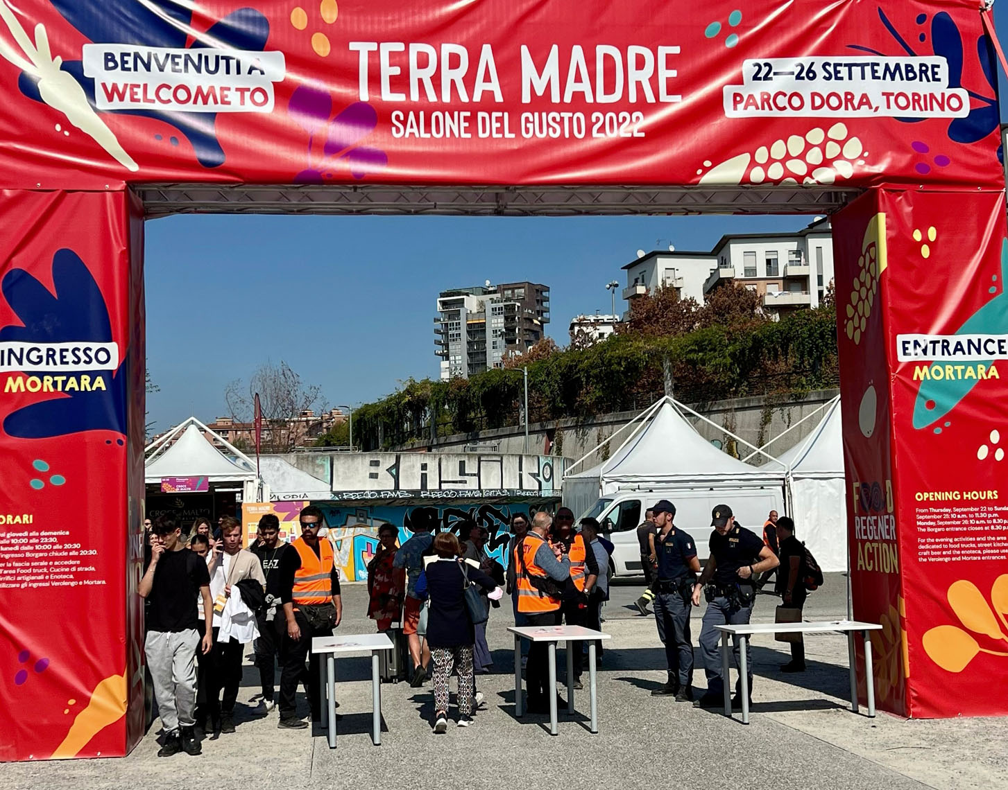 Terra Madre Entrance, Parco Dora, Turin.  Terra Madre is a gathering of the Slow Food community from all over the world. Held every two years in Turin, Italy, delegates are selected to represent their country at Terra Madre. More than 3000 representatives of the Slow Food network from 130 countries attended the event held September 22-26th, 2022