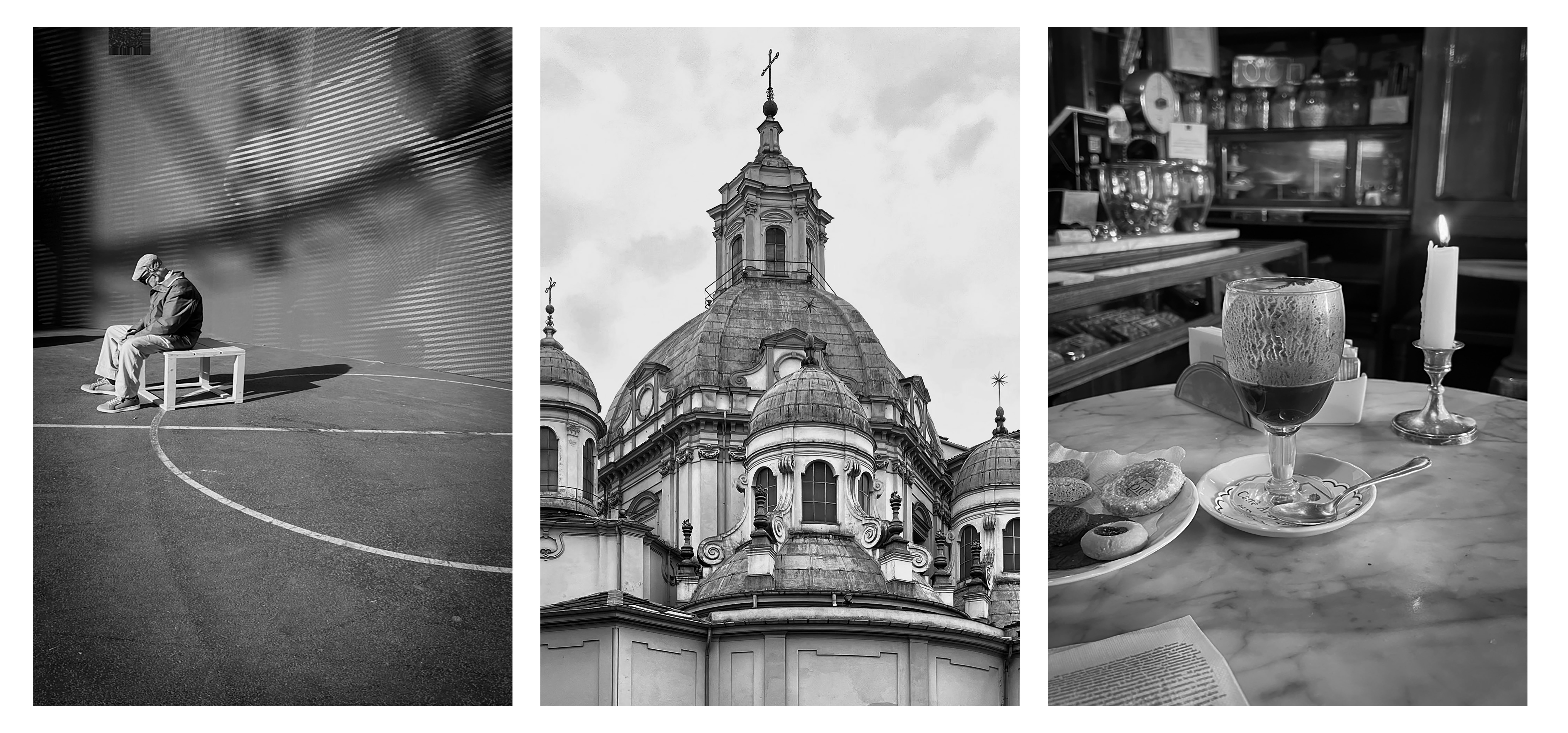 Scenes from the city of Turin,  including the infamous bicerin,  a traditional hot drink native to the city. Served in its namesake glass, the rich beverage is made of three distinct layers: espresso, hot chocolate, and whipped milk or cream.